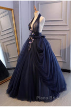 Charming Navy Blue Halter Tulle Party Dresses With Flower Applique, Blue Gown