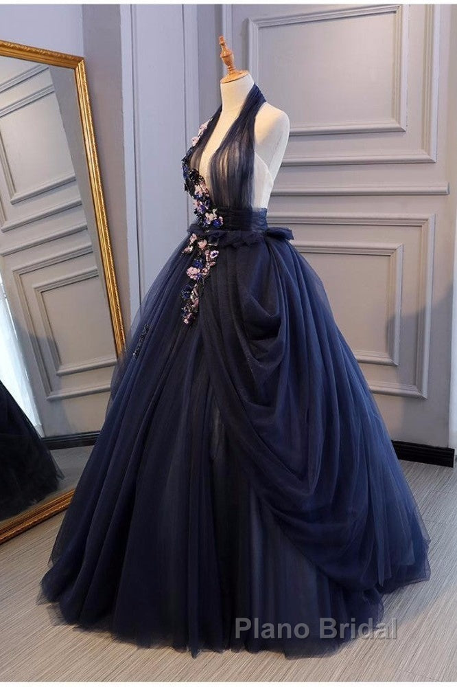 Charming Navy Blue Halter Tulle Party Dresses With Flower Applique, Blue Gown