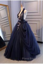 Charming Navy Blue Halter Tulle Party Dresses With Flower Applique, Blue Gown