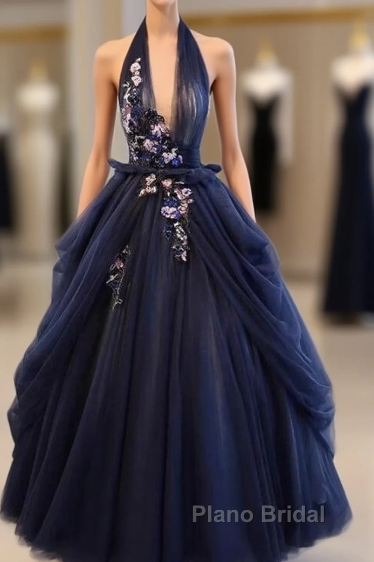 Charming Navy Blue Halter Tulle Party Dresses With Flower Applique, Blue Gown