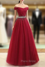 Charming Navy Blue Off Shoulder Floor Length Beaded Party Dresses, Party Dresses