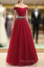 Charming Navy Blue Off Shoulder Floor Length Beaded Party Dresses, Party Dresses