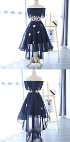 Charming Navy Blue Tulle Party Dresses with Flowers, Cute Formal Prom Dresses