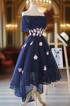 Charming Navy Blue Tulle Party Dresses with Flowers, Cute Formal Prom Dresses