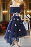 Charming Navy Blue Tulle Party Dresses with Flowers, Cute Formal Prom Dresses