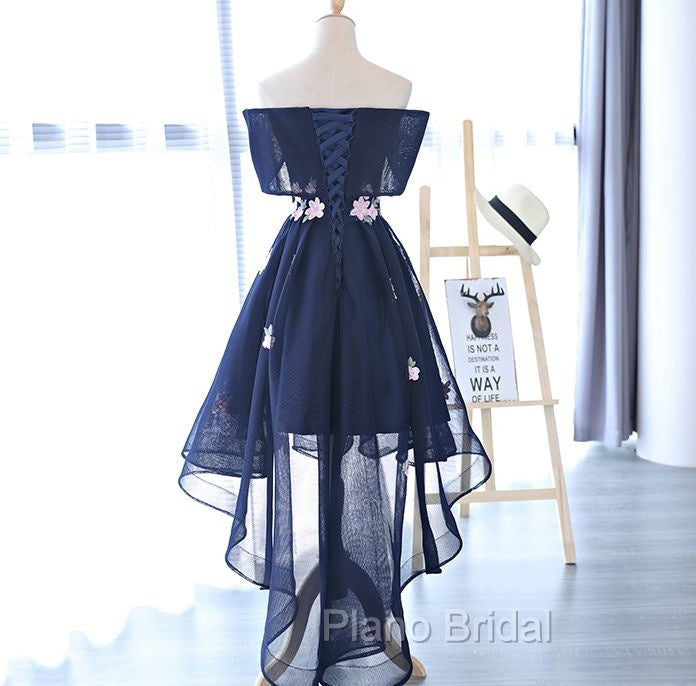 Charming Navy Blue Tulle Party Dresses with Flowers, Cute Formal Prom Dresses