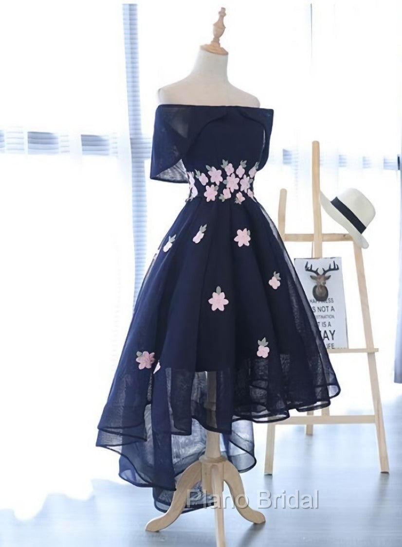 Charming Navy Blue Tulle Party Dresses with Flowers, Cute Formal Prom Dresses