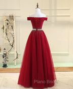 Charming Off Shoulder Tulle Beaded Formal Prom Gown, Wine Red Long Junior Formal Prom Dresses