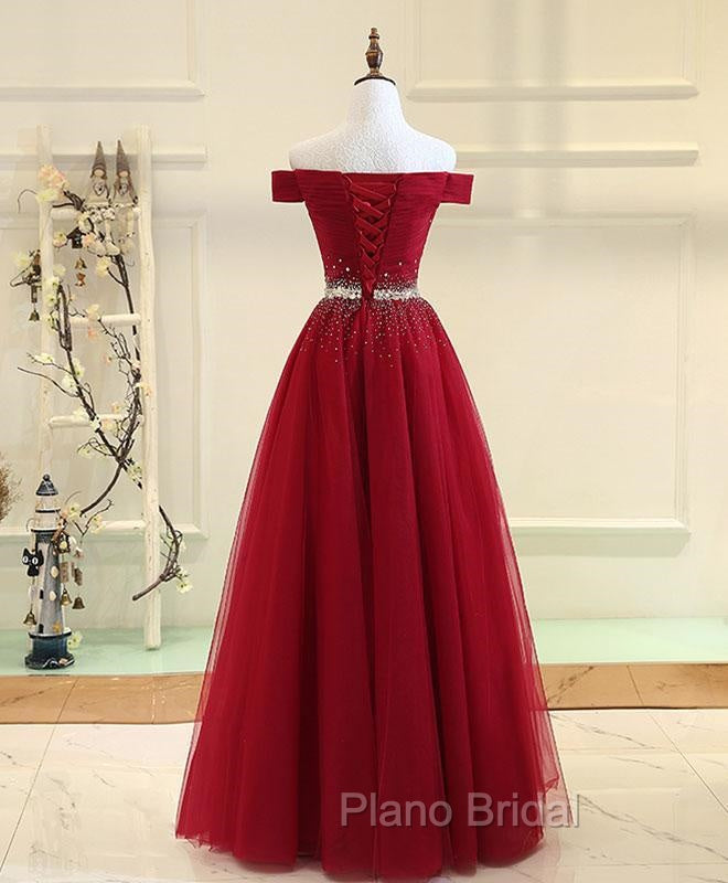 Charming Off Shoulder Tulle Beaded Formal Prom Gown, Wine Red Long Junior Formal Prom Dresses