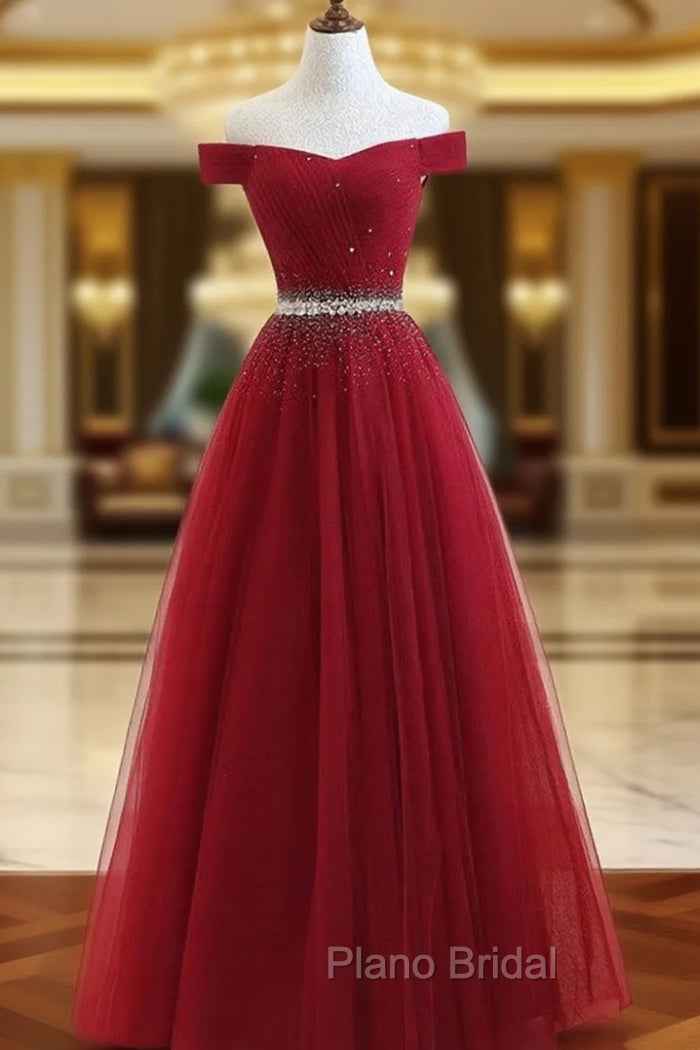 Charming Off Shoulder Tulle Beaded Formal Prom Gown, Wine Red Long Junior Formal Prom Dresses Main image