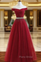 Charming Off Shoulder Tulle Beaded Formal Prom Gown, Wine Red Long Junior Formal Prom Dresses