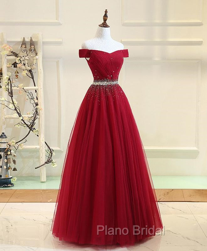 Charming Off Shoulder Tulle Beaded Formal Prom Gown, Wine Red Long Junior Formal Prom Dresses