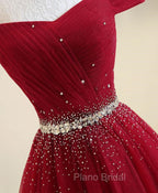 Charming Off Shoulder Tulle Beaded Formal Prom Gown, Wine Red Long Junior Formal Prom Dresses