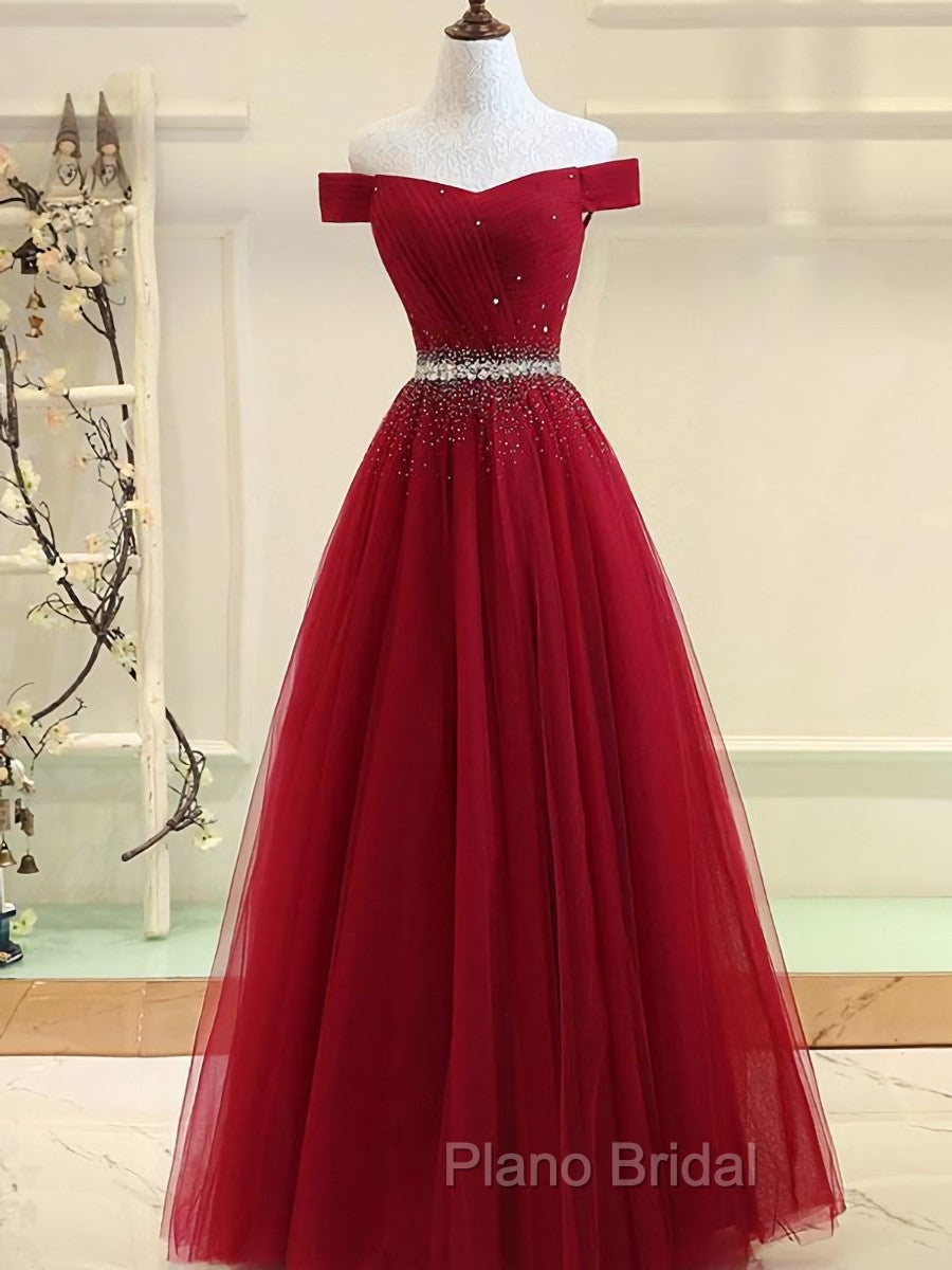Charming Off Shoulder Tulle Beaded Formal Prom Gown, Wine Red Long Junior Formal Prom Dresses