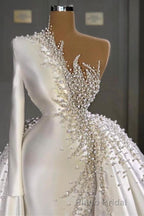 Charming One Shoulder Satin Mermaid Bridal Gowns Pearls Beading Party Gowns