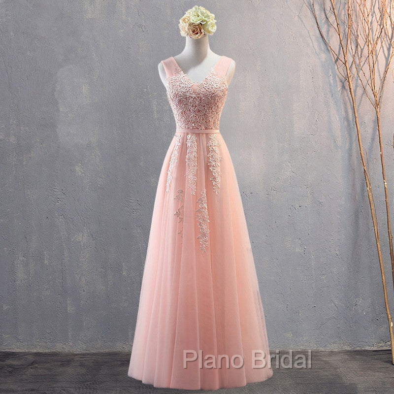 Charming Pearl Pink Tulle Simple Party Dresses with Lace, V-neckline Long Formal Dresses Secondary image