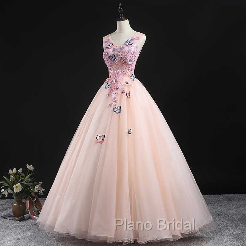 Charming Pink Flowers Ball Gown Long Sweet 16 Dresses, Pink Formal Prom Dresses