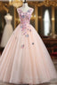 Charming Pink Flowers Ball Gown Long Sweet 16 Dresses, Pink Formal Prom Dresses