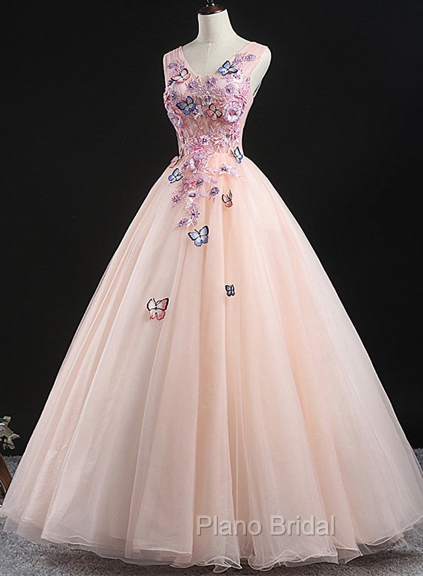 Charming Pink Flowers Ball Gown Long Sweet 16 Dresses, Pink Formal Prom Dresses Main image