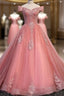 Charming Pink Off Shoulder Lace Applique Sweetheart Party Dresses, Pink Formal Prom Dresses
