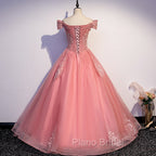 Charming Pink Off Shoulder Lace Applique Sweetheart Party Dresses, Pink Formal Prom Dresses