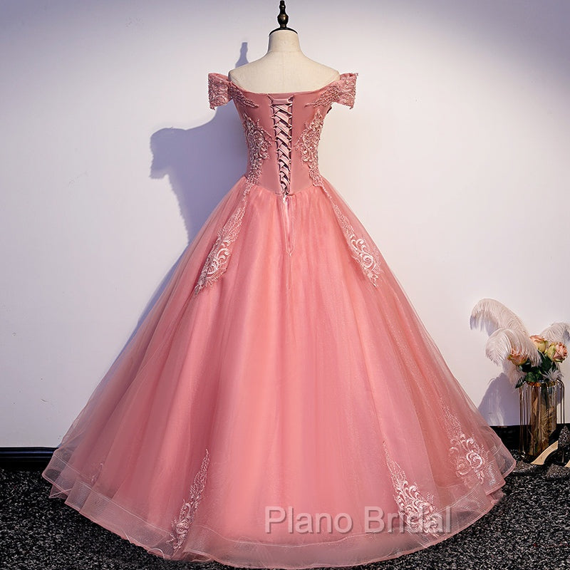 Charming Pink Off Shoulder Lace Applique Sweetheart Party Dresses, Pink Formal Prom Dresses