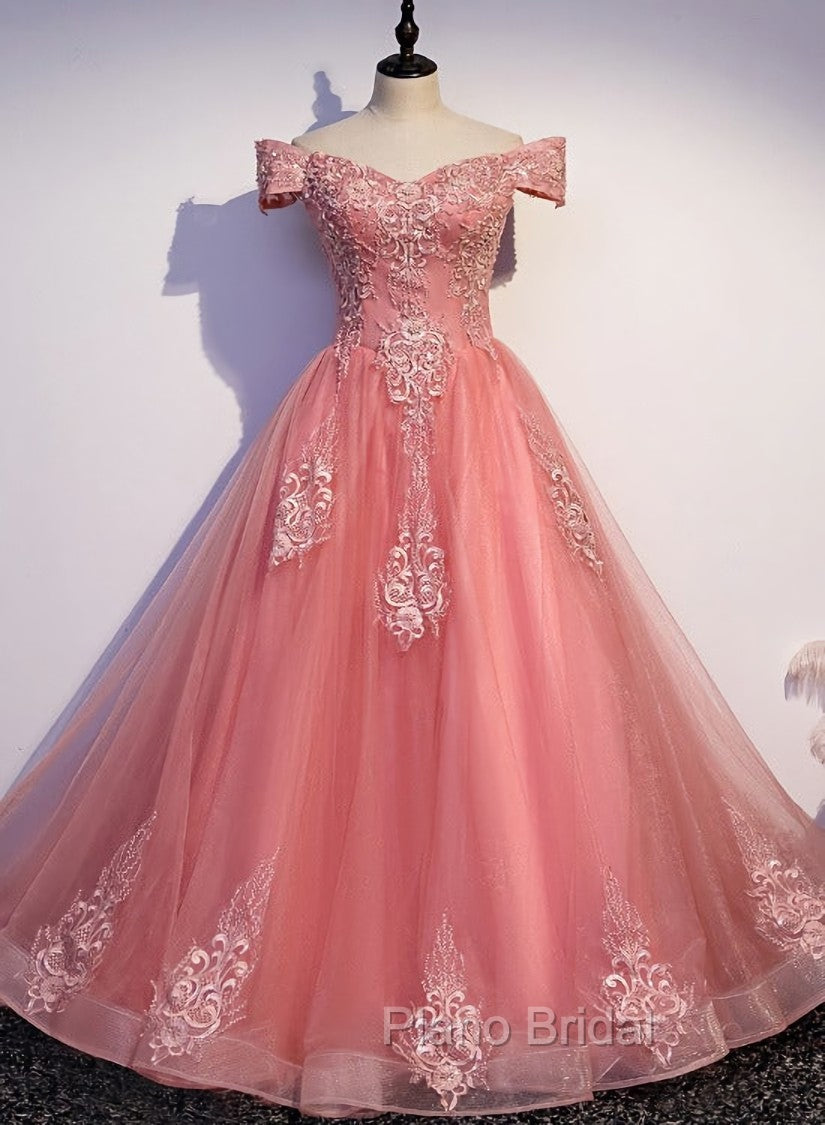 Charming Pink Off Shoulder Lace Applique Sweetheart Party Dresses, Pink Formal Prom Dresses