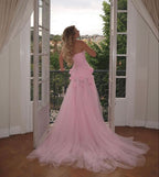 Charming Pink Strapless High Slit Flower Formal Prom Dresses