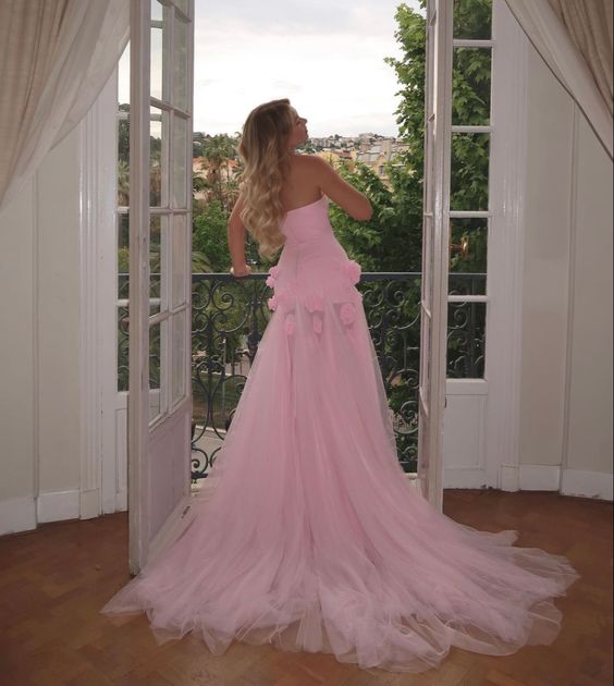 Charming Pink Strapless High Slit Flower Formal Prom Dresses