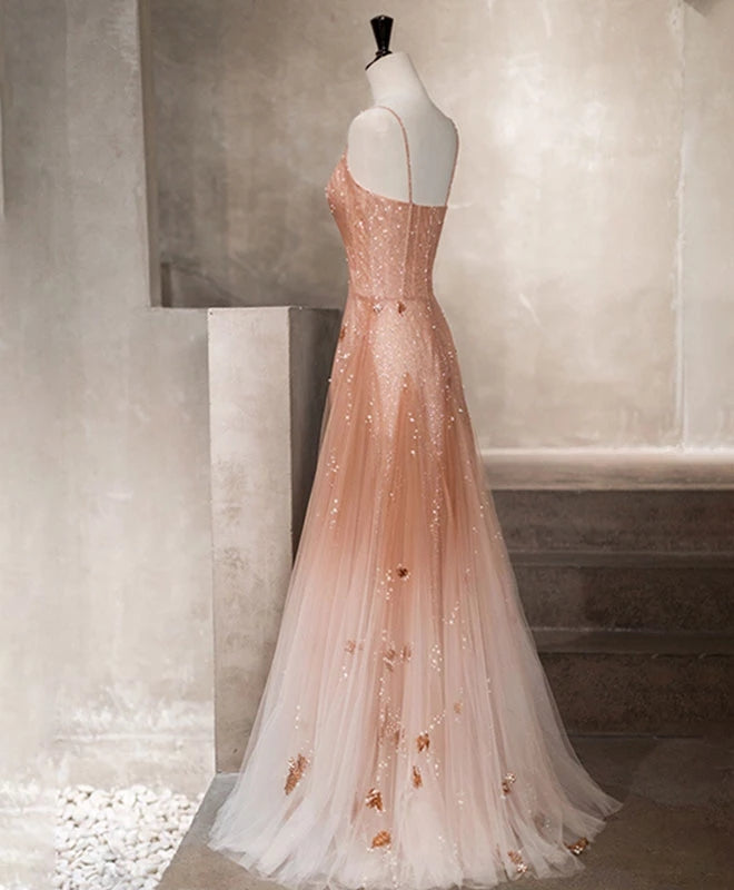 Charming Pink Tulle Straps Long Beaded Formal Evening Gown, Straps Long Party Dresses