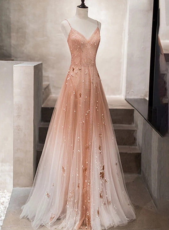 Charming Pink Tulle Straps Long Beaded Formal Evening Gown, Straps Long Party Dresses
