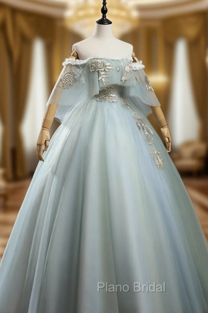 Charming Princess Light Green Tulle with Lace Flowers Formal Prom Dresses, Light Green Party Dresses Main image