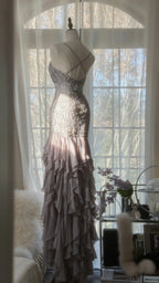 Charming Purple Beaded Short Front And Long Back Ruffled Chiffon Skirt Prom Dress