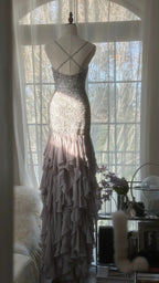 Charming Purple Beaded Short Front And Long Back Ruffled Chiffon Skirt Prom Dress