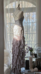 Charming Purple Beaded Short Front And Long Back Ruffled Chiffon Skirt Prom Dress