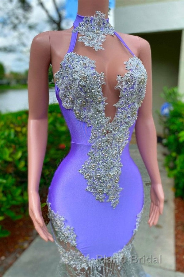 Charming Purple Long Mermaid Halter Satin Tulle Formal Prom Dresses
