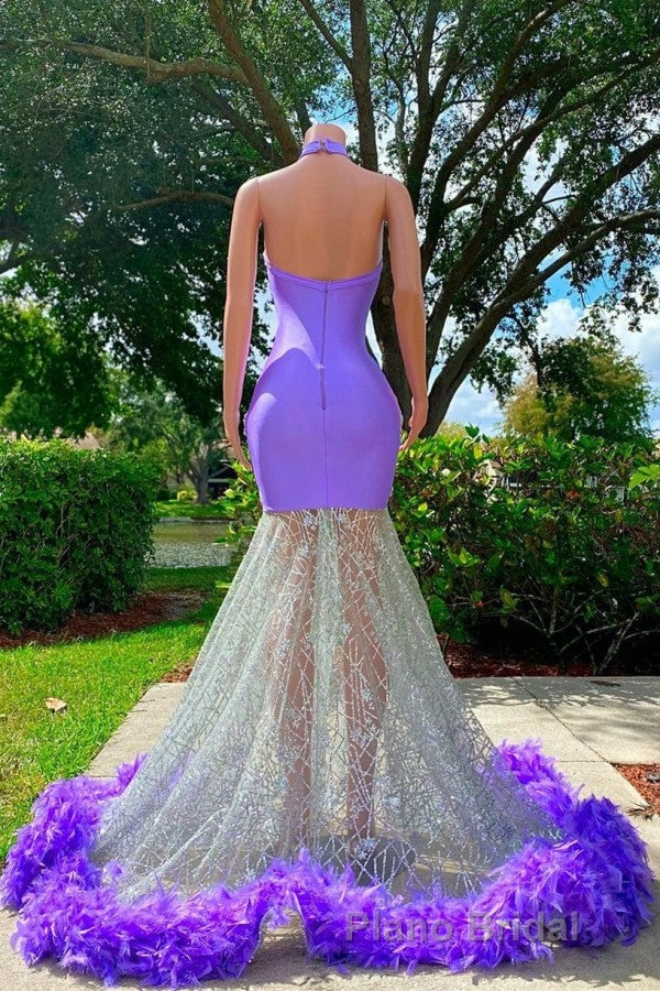 Charming Purple Long Mermaid Halter Satin Tulle Formal Prom Dresses