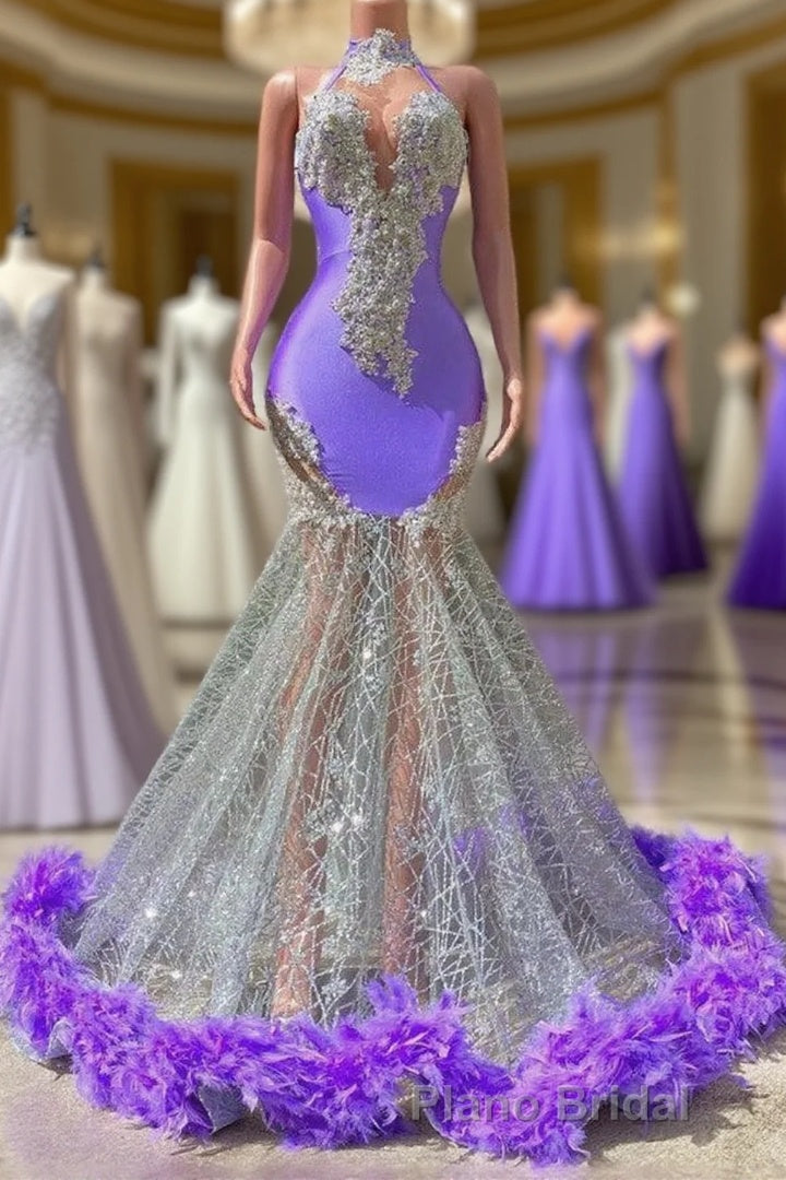 Charming Purple Long Mermaid Halter Satin Tulle Formal Prom Dresses Main image