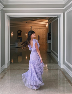 Lilac Long Formal Prom Dresses Layed Lace Formal Evening Dresses