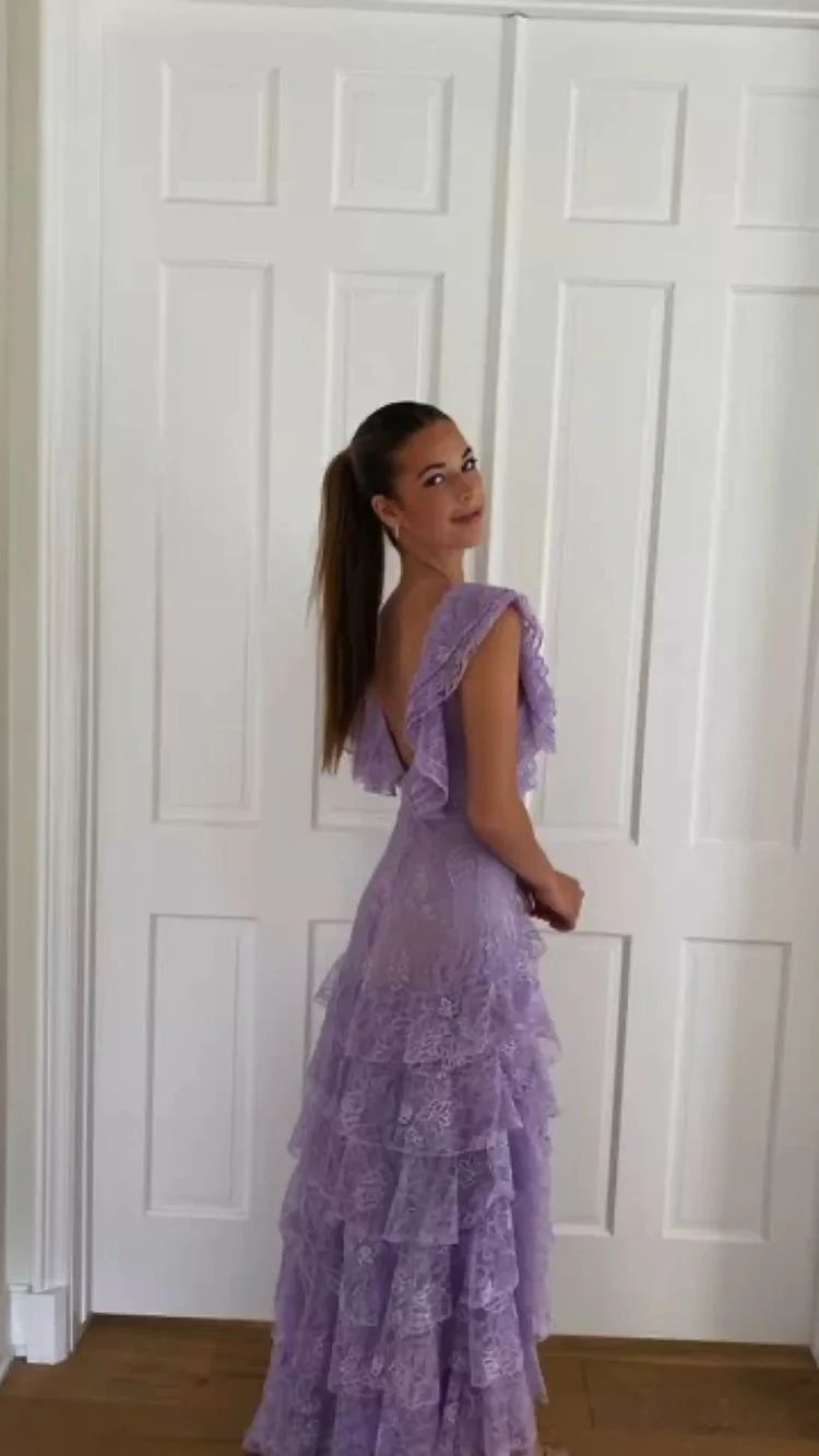 Lilac Long Formal Prom Dresses Layed Lace Formal Evening Dresses