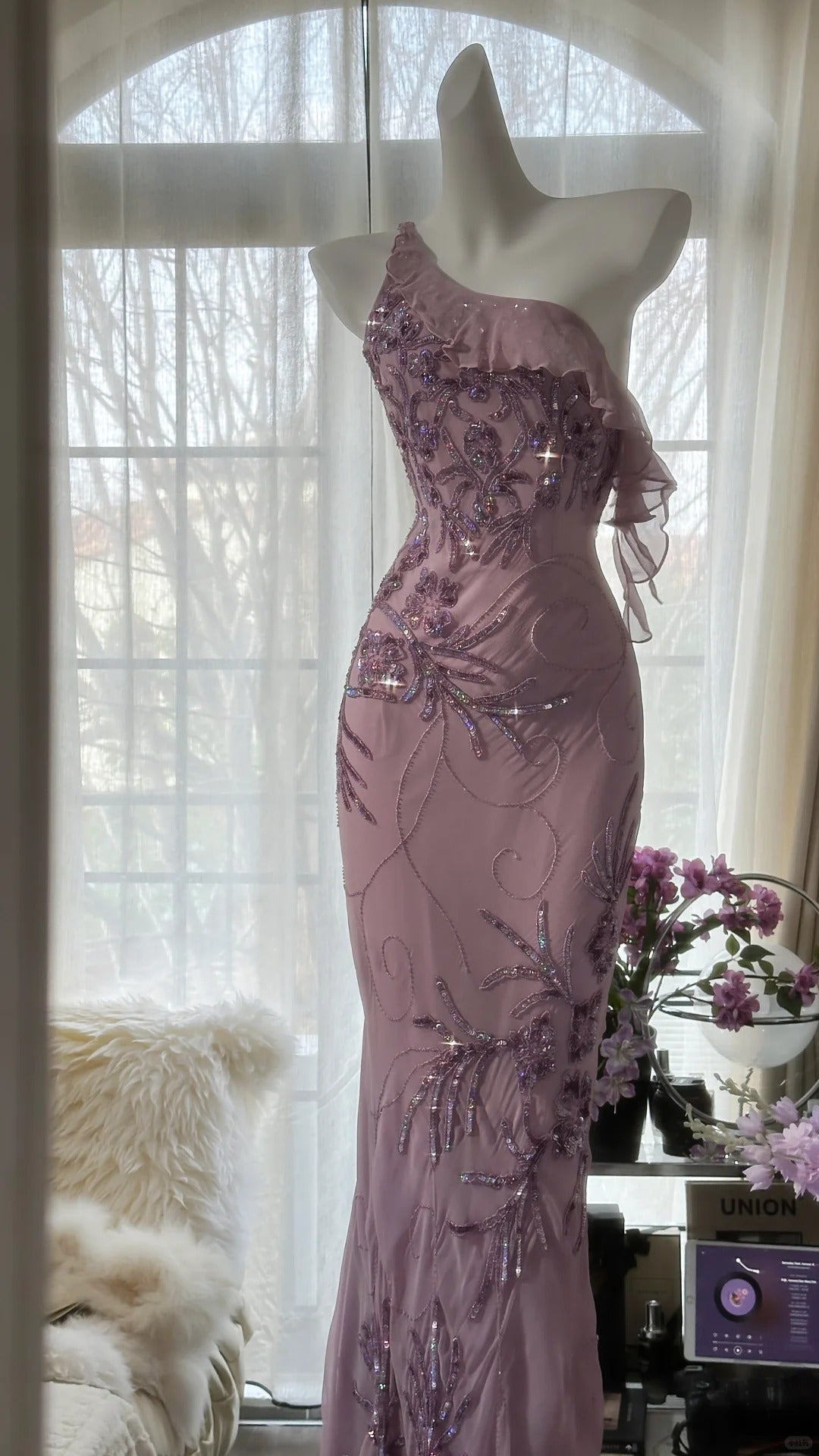 Charming Purple One Shoulder Heavily Beaded Chiffon Prom Dress