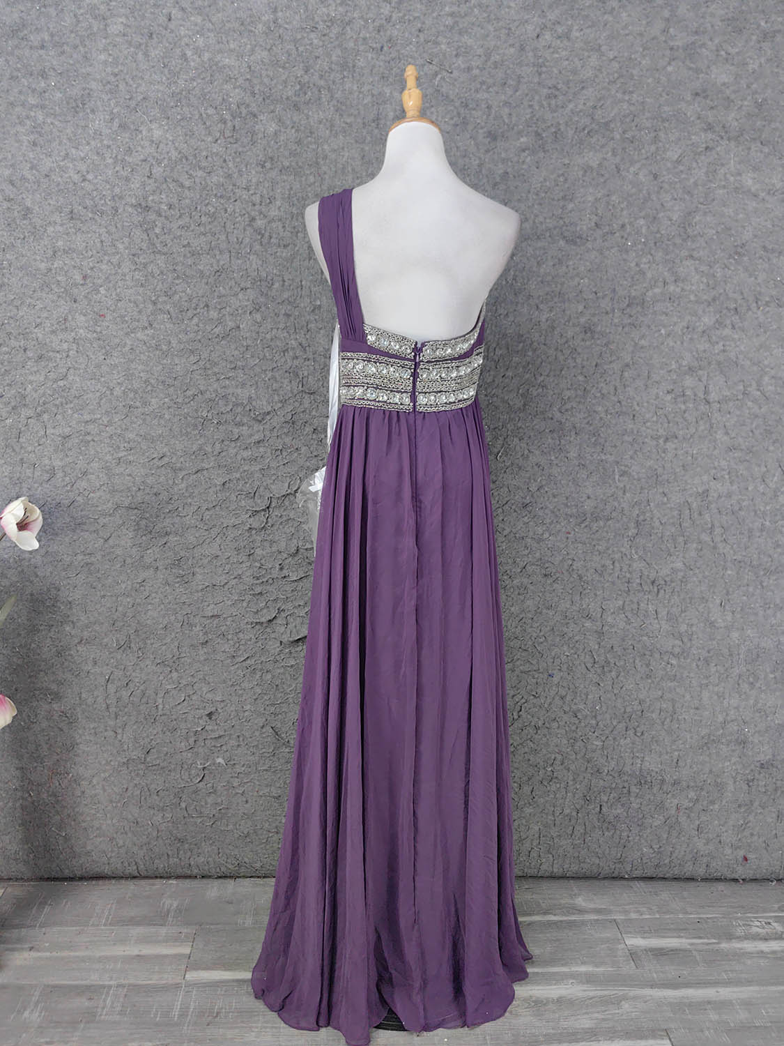 Charming Purple One-Shoulder Square Neck Rhinestone Beaded Chiffon Long Formal Prom Dresses