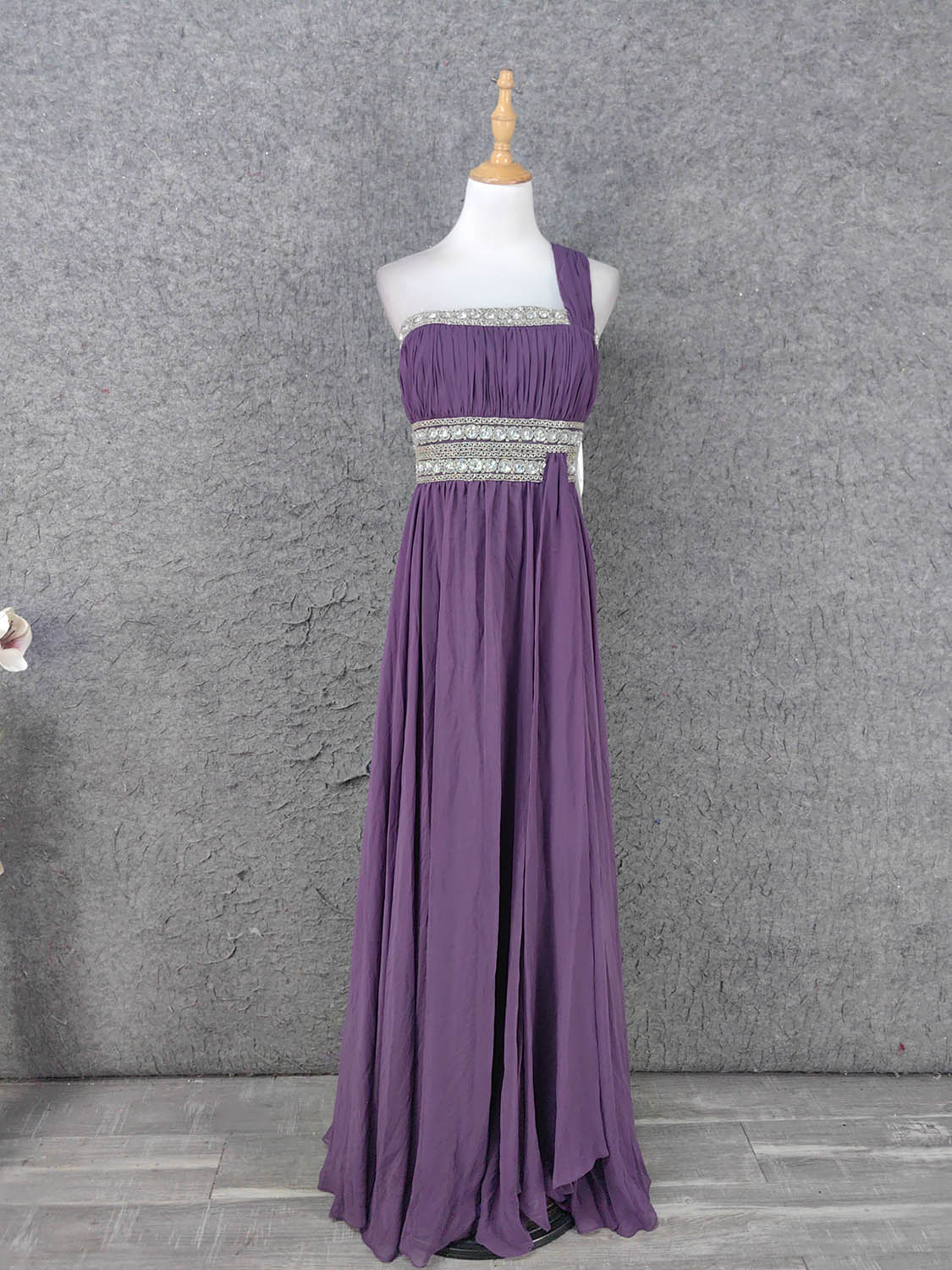 Charming Purple One-Shoulder Square Neck Rhinestone Beaded Chiffon Long Formal Prom Dresses Main image