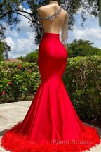 Charming Red Long Mermaid Tassel One Shoulder Satin Backless Formal Prom Dresses