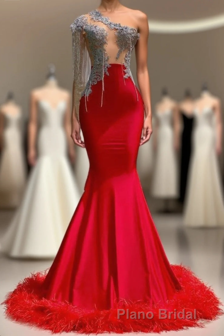 Charming Red Long Mermaid Tassel One Shoulder Satin Backless Formal Prom Dresses Main image