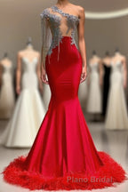 Charming Red Long Mermaid Tassel One Shoulder Satin Backless Formal Prom Dresses