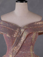 Charming Rose Gold Sequins Long Party Dresses, Off Shoulder Sequins Formal Prom Dresses