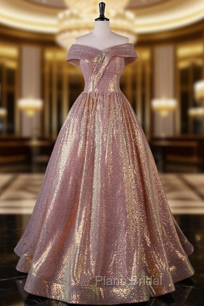 Charming Rose Gold Sequins Long Party Dresses, Off Shoulder Sequins Formal Prom Dresses