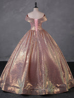 Charming Rose Gold Sequins Long Party Dresses, Off Shoulder Sequins Formal Prom Dresses