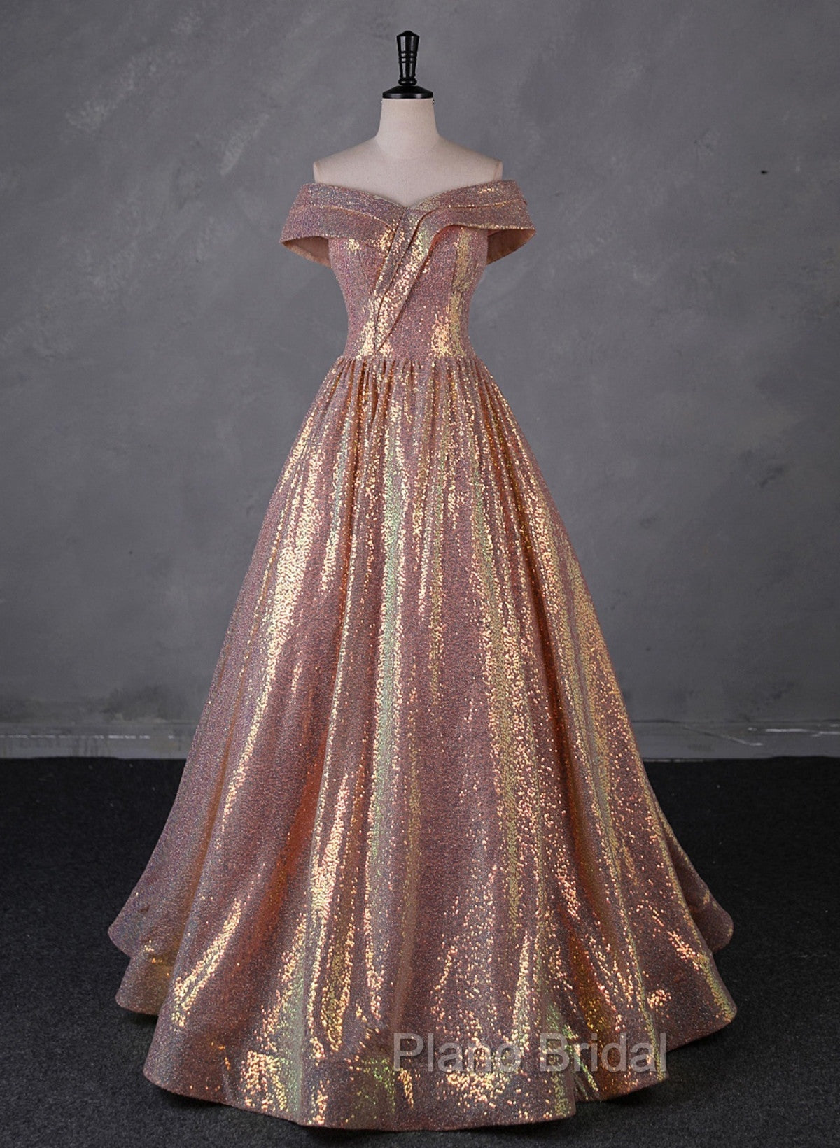 Charming Rose Gold Sequins Long Party Dresses, Off Shoulder Sequins Formal Prom Dresses